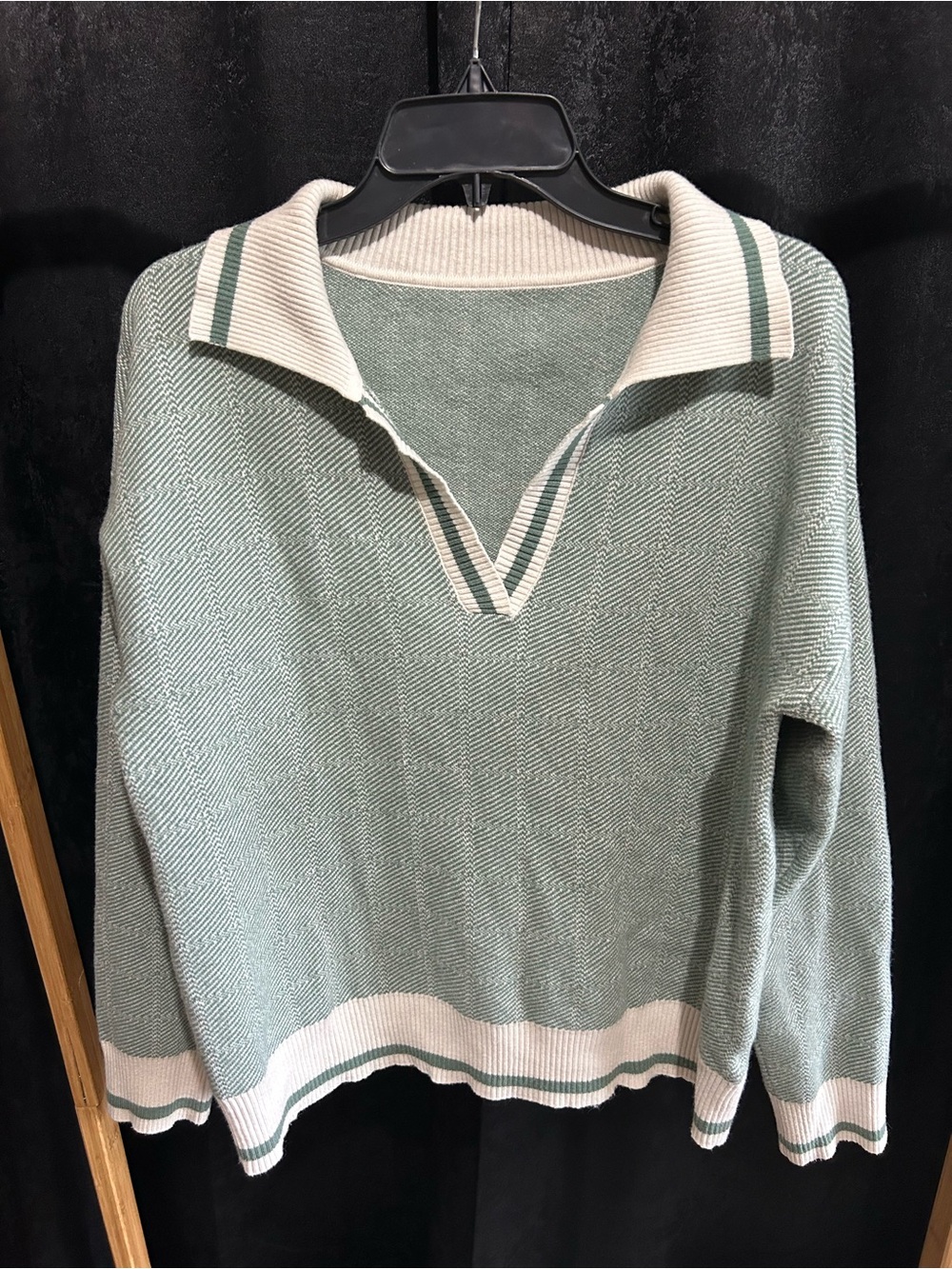 Textured Knit Polo Sweater in Sage with Cream Trim